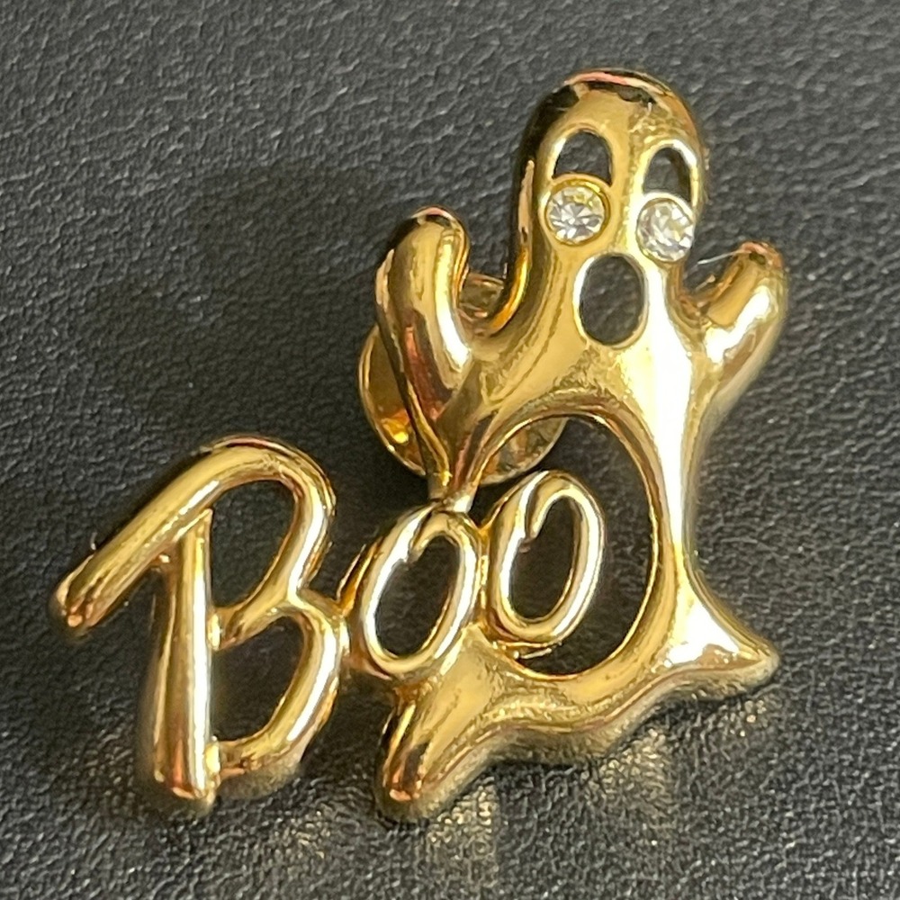 Vintage AVON Gleeful Ghost Pin Gold Tone Rhinestone Boo Halloween Brooch Boxed